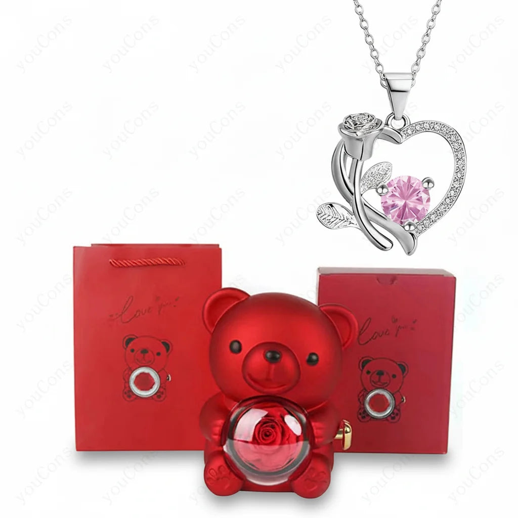 Necklace Heart Pendant Zircon Bear Rose Gift