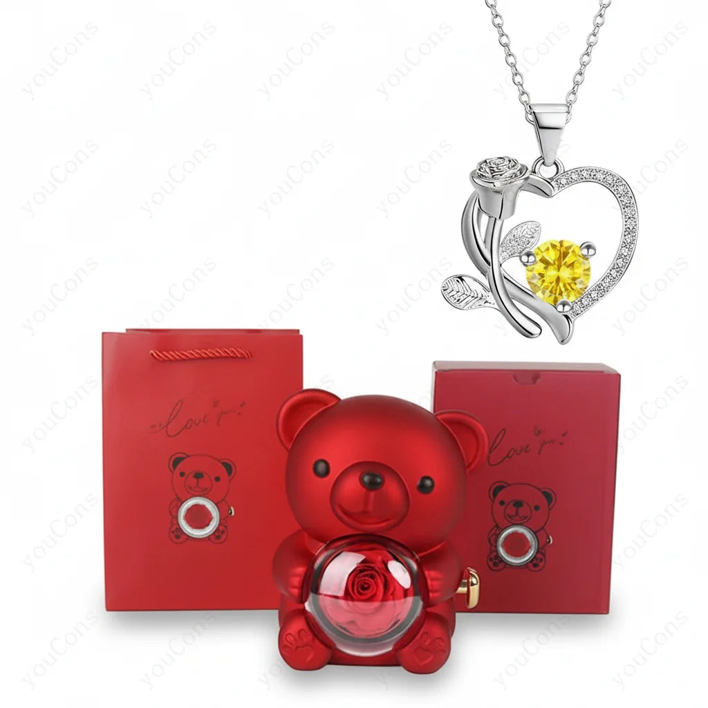 Necklace Heart Pendant Zircon Bear Rose Gift