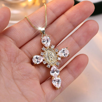 Necklace Cross Pendant Gold Cubic Zirconia