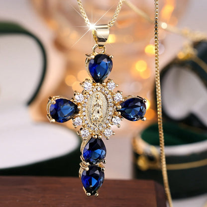 Necklace Cross Pendant Gold Cubic Zirconia