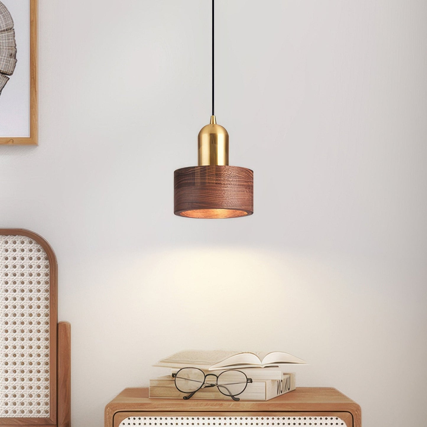 Cylinder Pendant Light Japanese Style Walnut