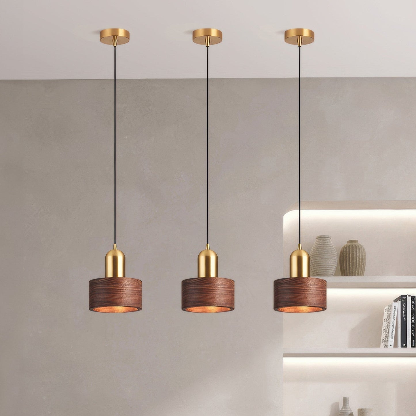 Cylinder Pendant Light Japanese Style Walnut