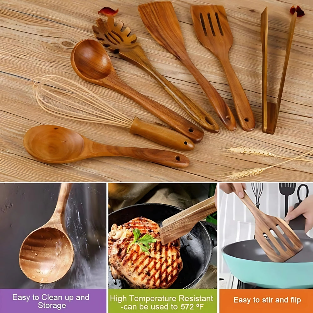 Cooking Utensils Wooden Set Non Scratch Heat