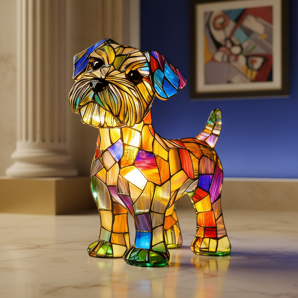 Table Lamp Stained Glass Dog LED Night