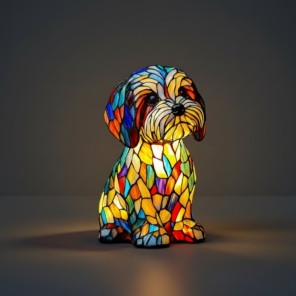 LED Table Lamp Dog Figurine Stained Glass