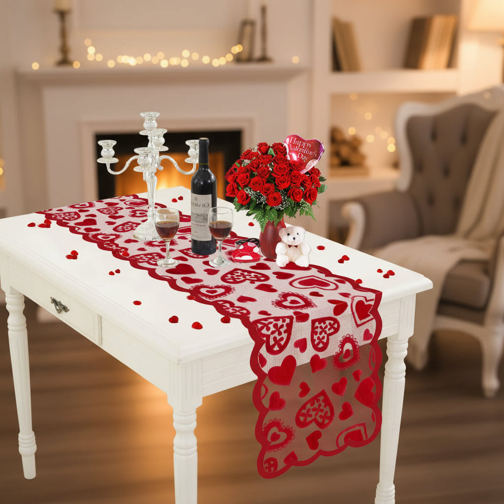 Table Runner Lace Red Heart Valentines Day