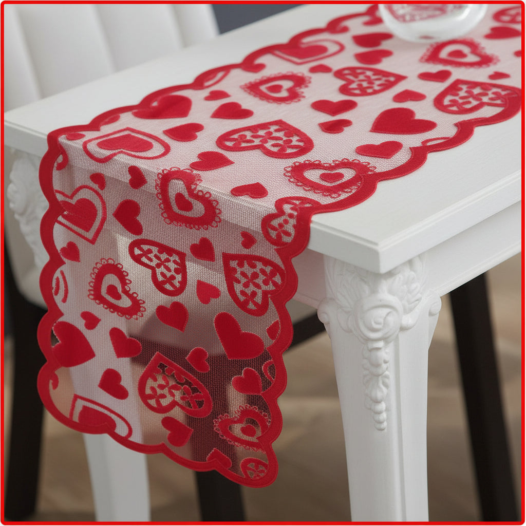 Table Runner Lace Red Heart Valentines Day