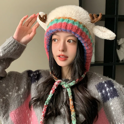 Women Knit Reindeer Animal Ear Flap Winter