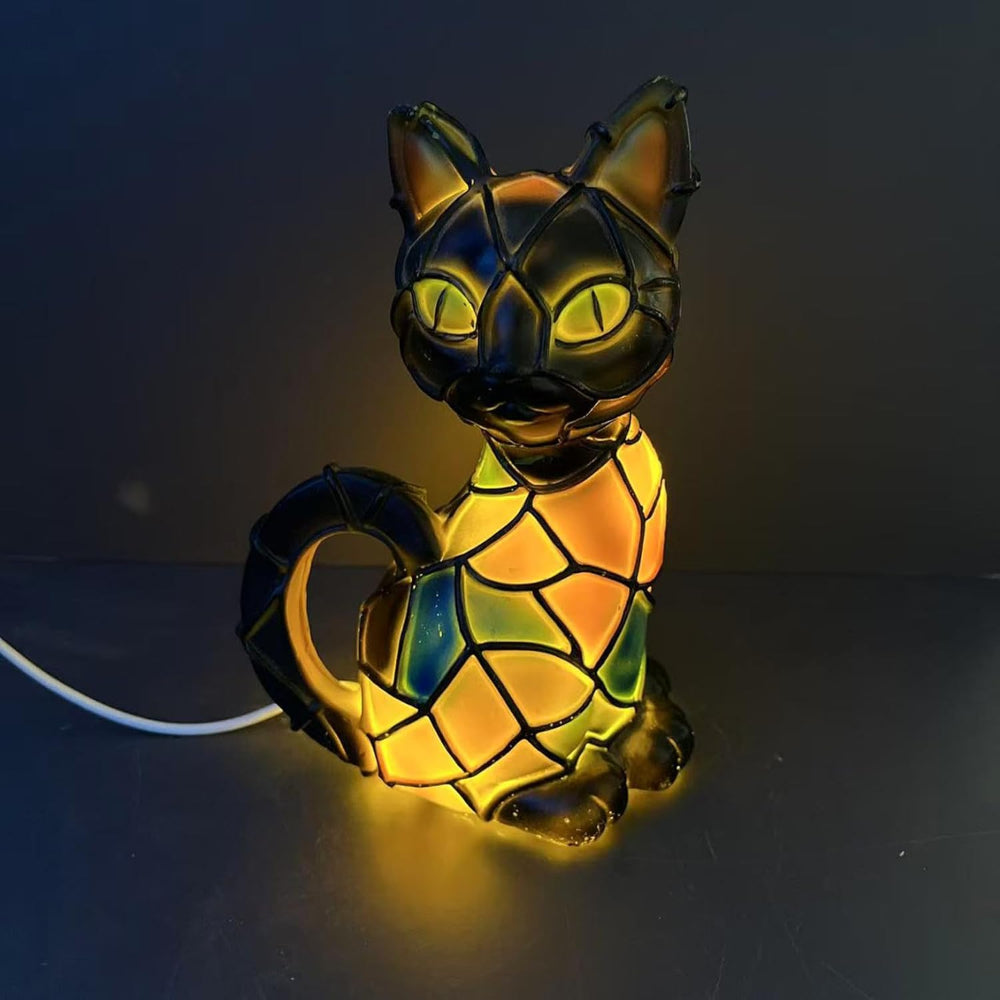Resin Cat Lamp Tiffany Style Figurine Warm