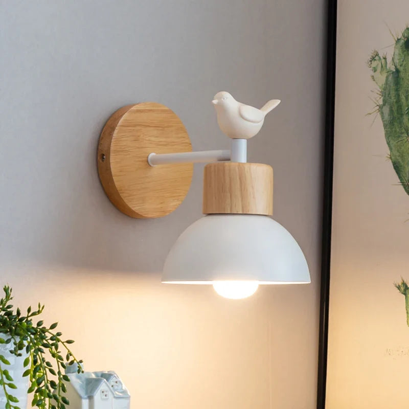 Nordic Wooden Bird Wall Lamp LED Bedside