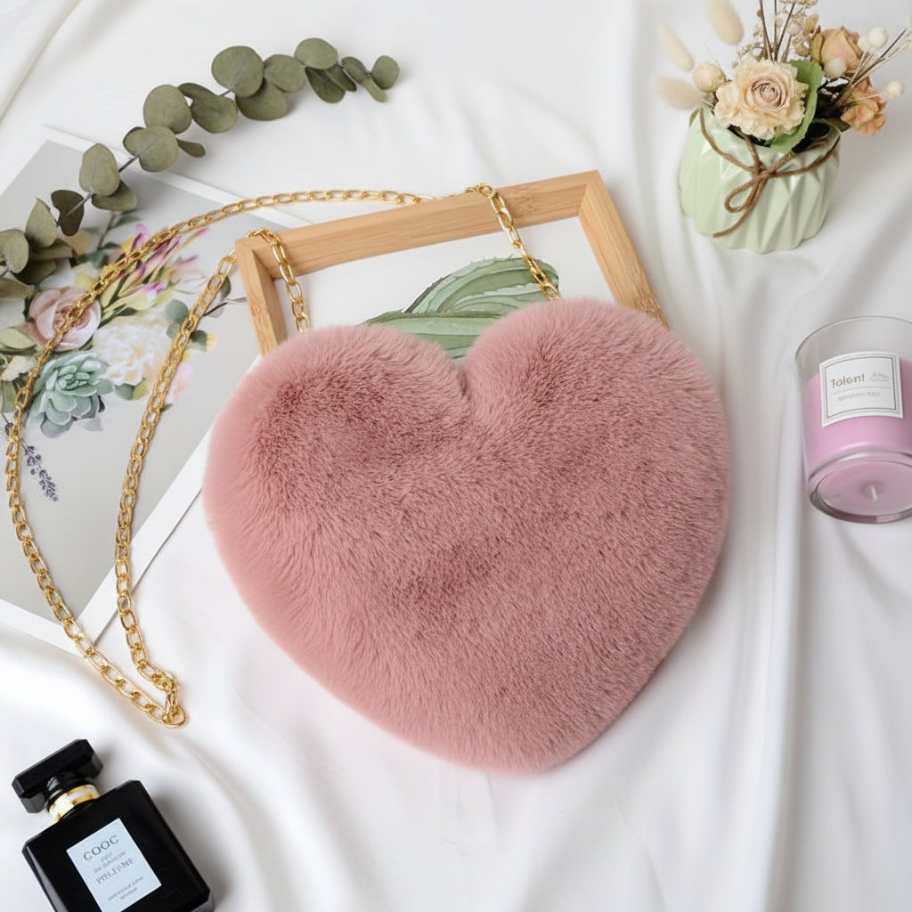 Shoulder Bag Faux Fur Heart Crossbody Chain