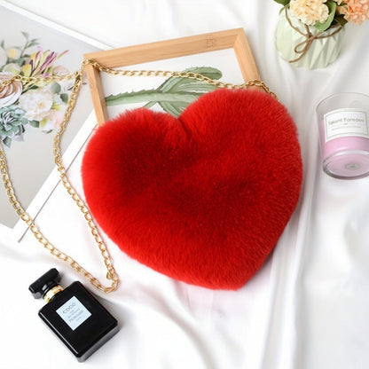 Shoulder Bag Faux Fur Heart Crossbody Chain