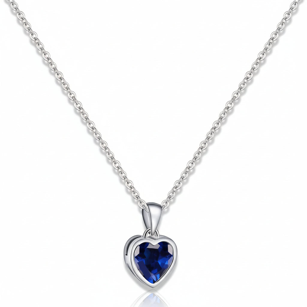 Silver Necklace Heart Pendant Sapphire