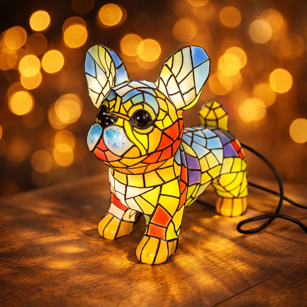 Table Lamp Stained Glass Dog Figurine Accent