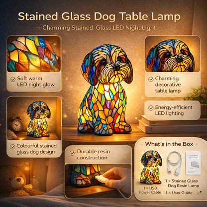 Table Lamp Stained Glass Dog LED Night