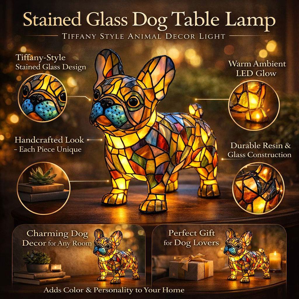 Table Lamp Colorful Stained Glass Dog LED
