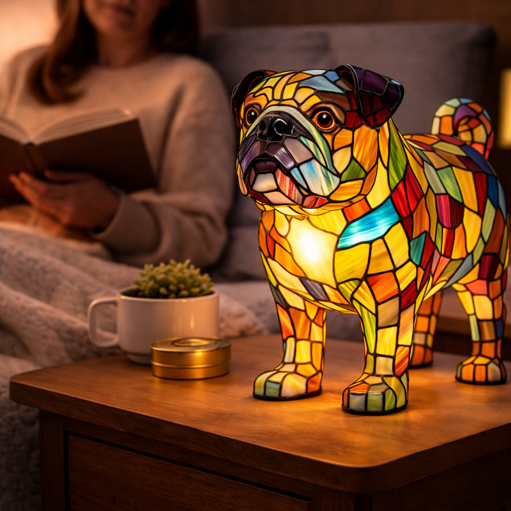 Table Lamp Colorful Stained Glass Dog LED