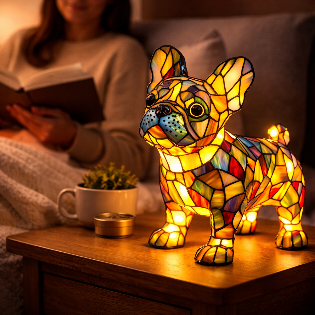 Table Lamp Colorful Stained Glass Dog LED