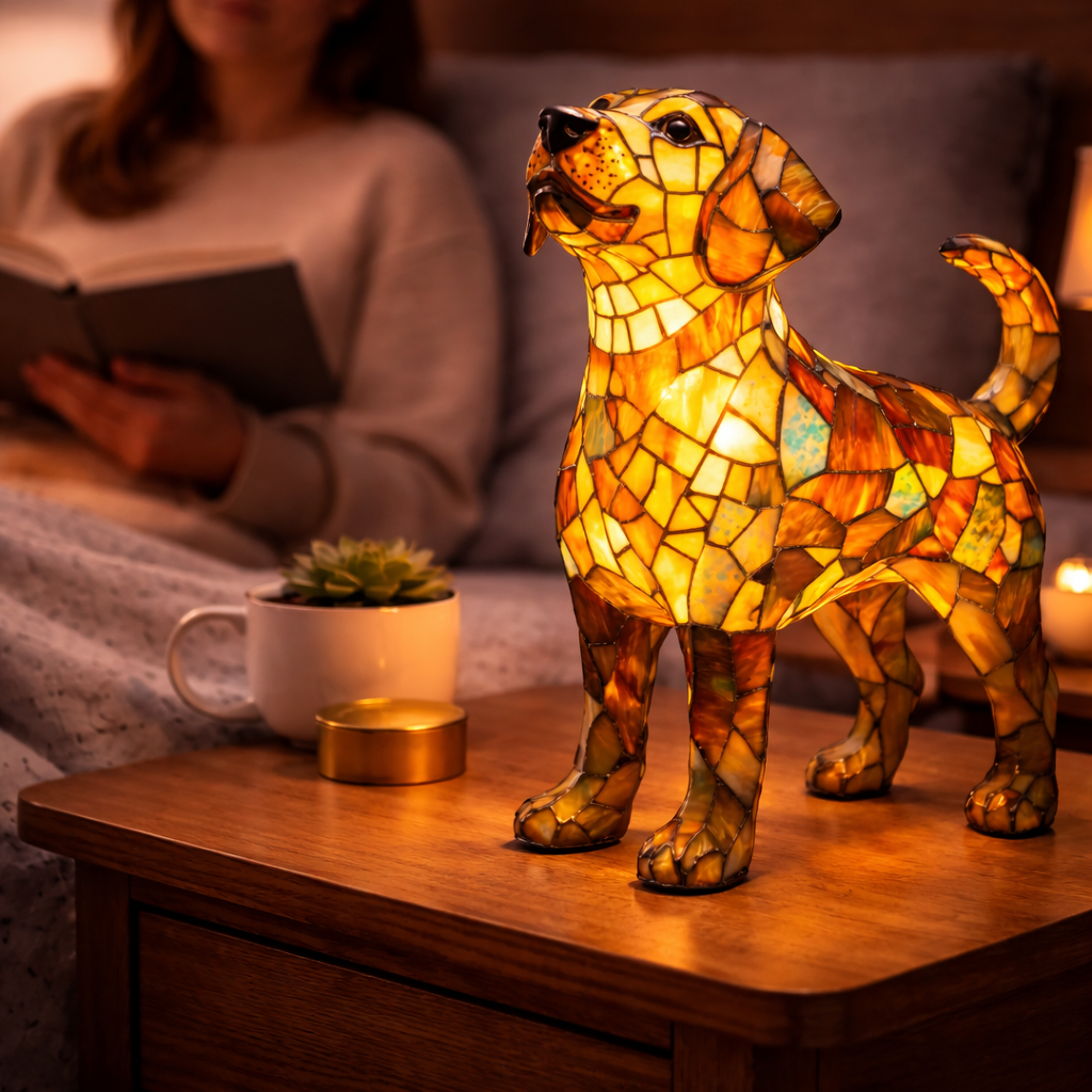 Table Lamp Colorful Stained Glass Dog LED