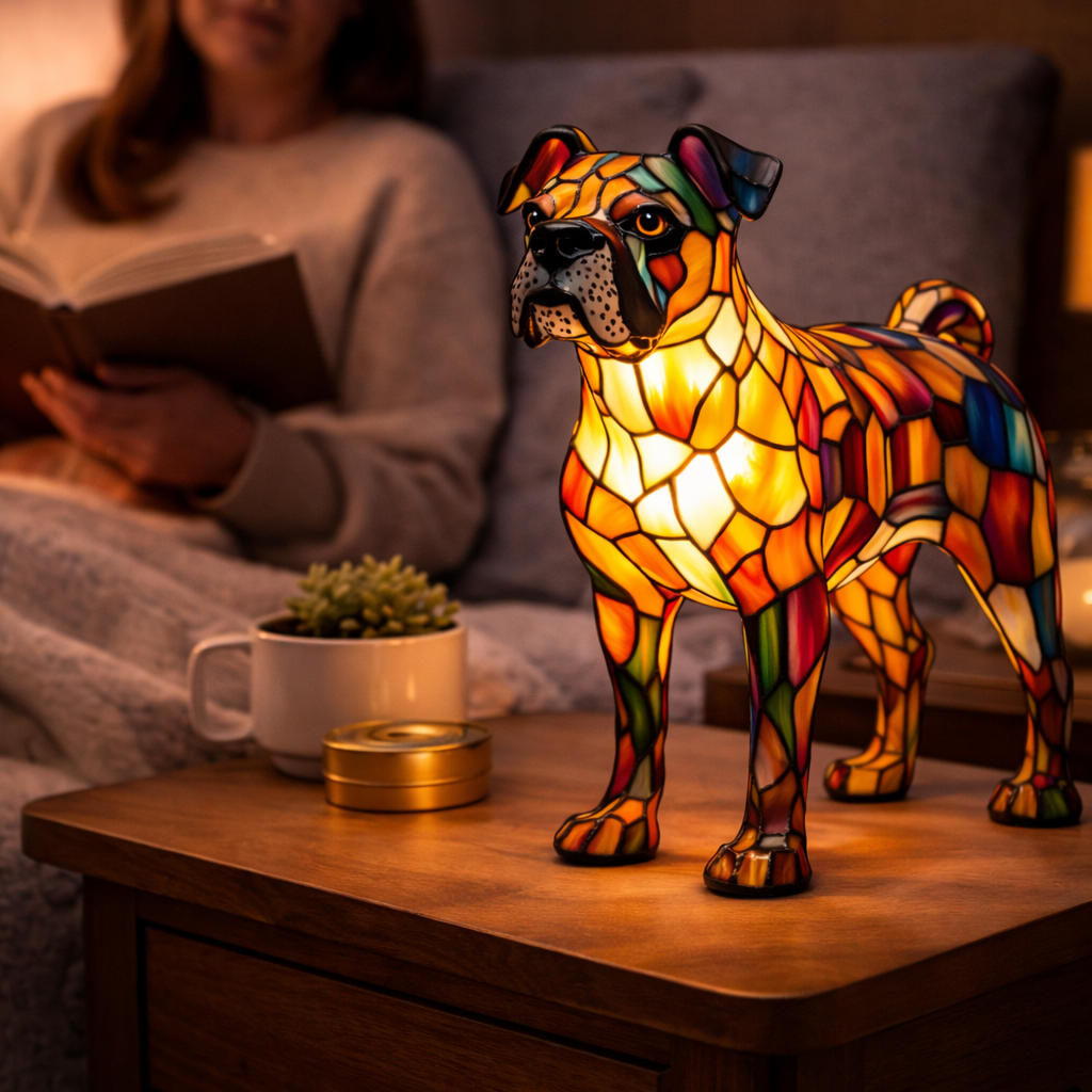 Table Lamp Colorful Stained Glass Dog LED