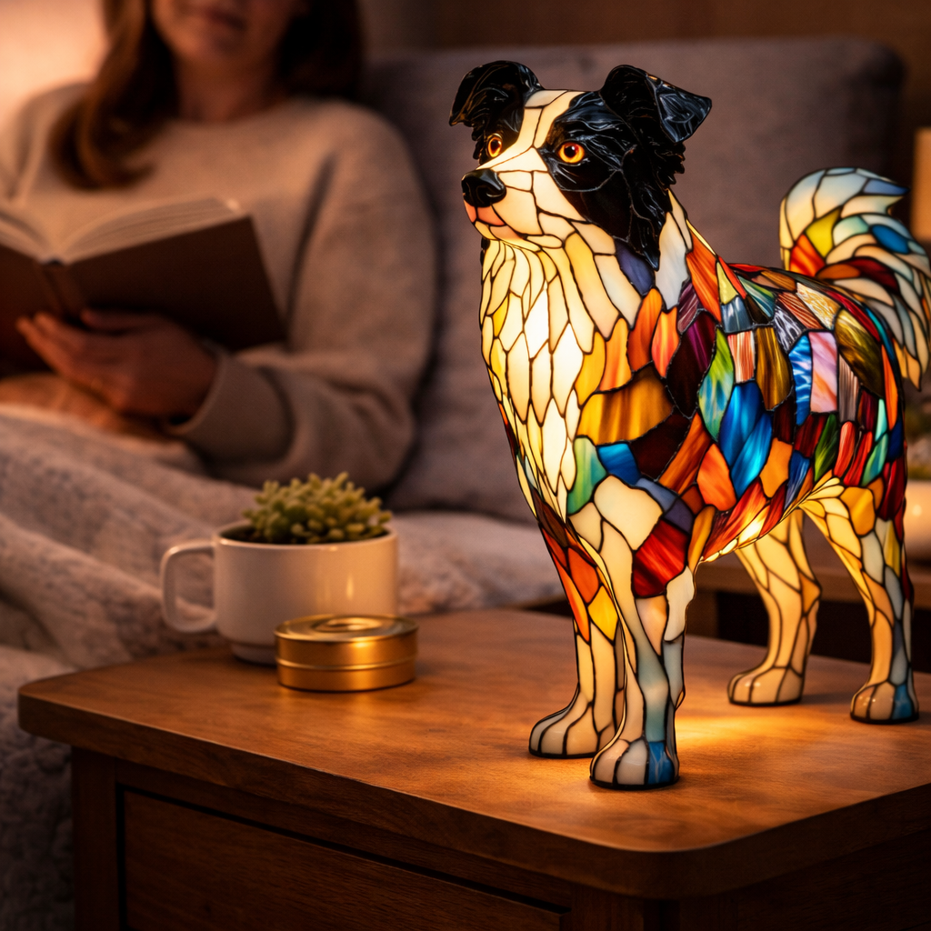 Table Lamp Colorful Stained Glass Dog LED