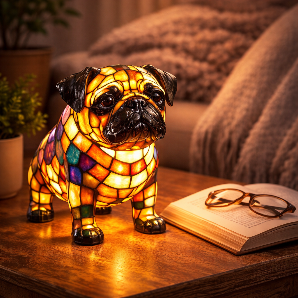 LED Table Lamp Dog Figurine Stained Glass