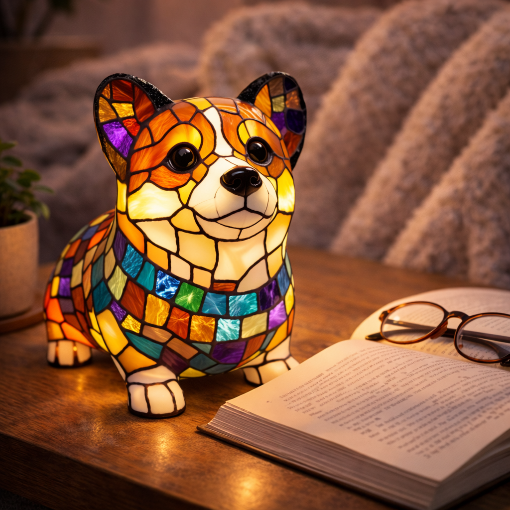 LED Table Lamp Dog Figurine Stained Glass