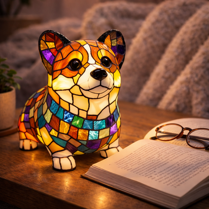 LED Table Lamp Dog Figurine Stained Glass