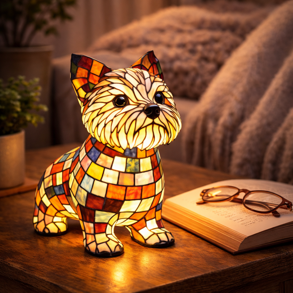 LED Table Lamp Dog Figurine Stained Glass