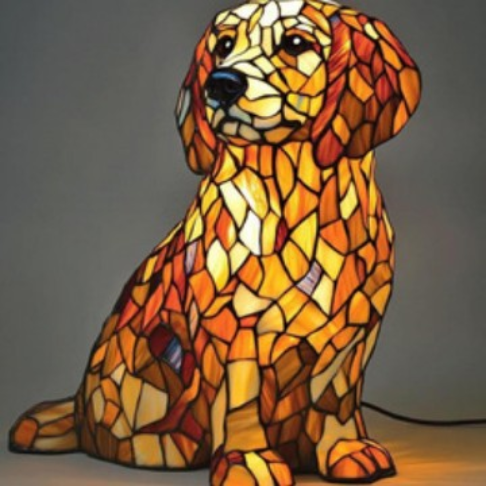 Table Lamp Stained Glass Dog LED Night
