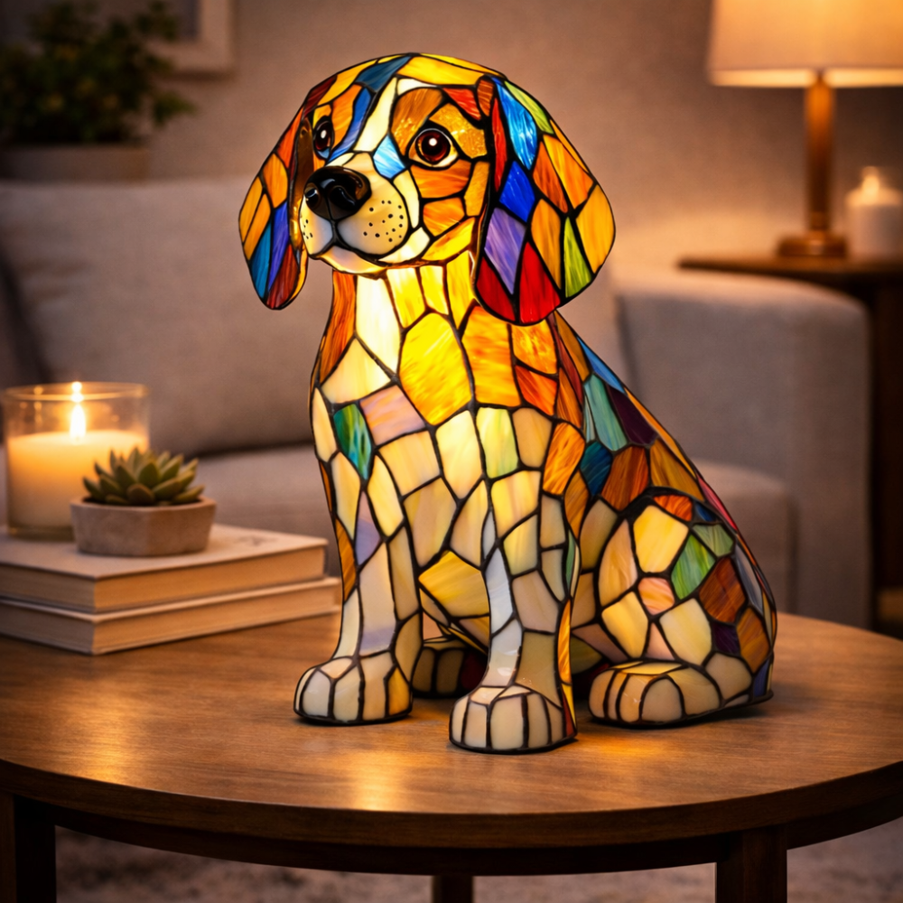 Table Lamp Stained Glass Dog LED Night