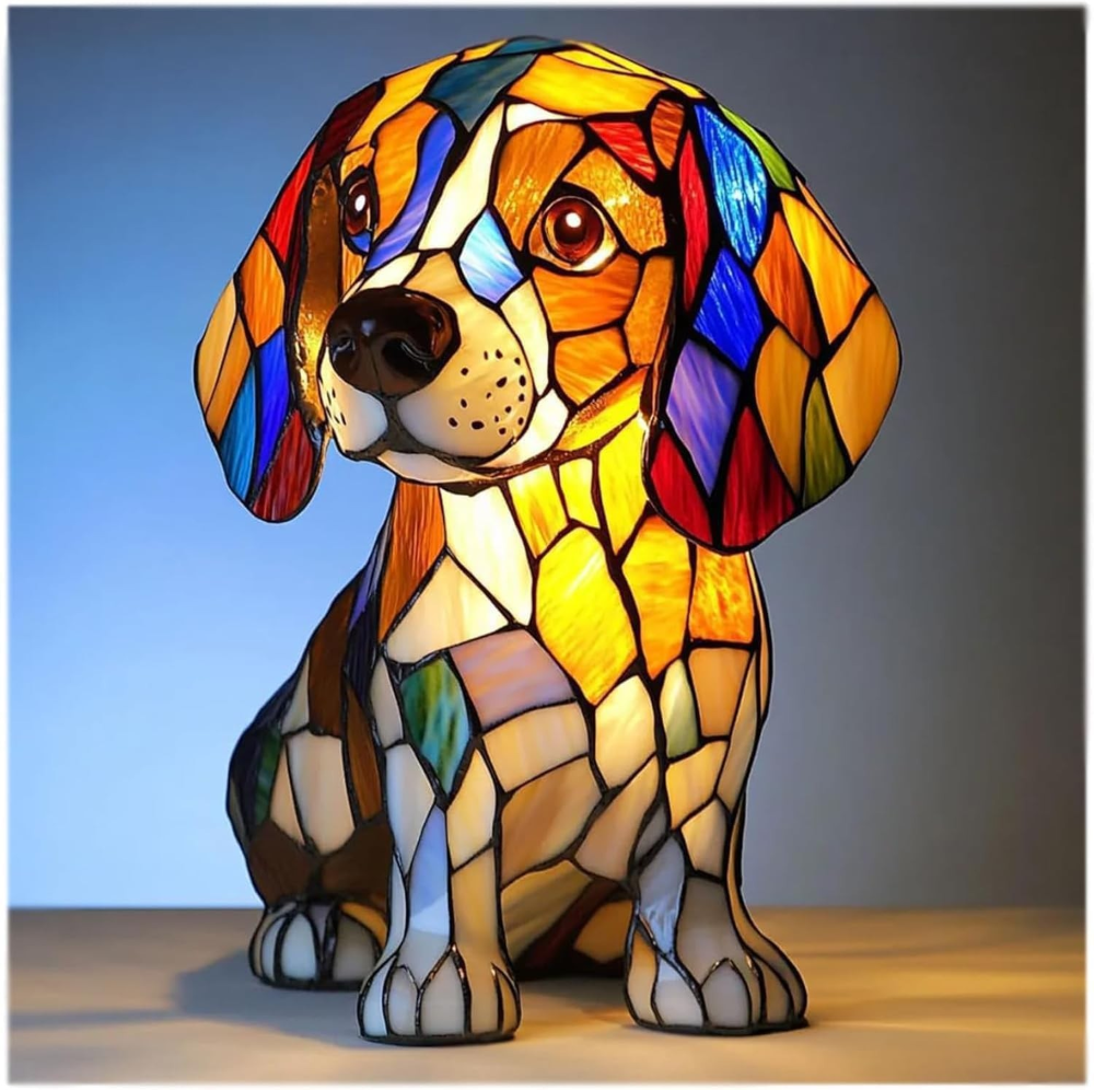 Table Lamp Stained Glass Dog LED Night