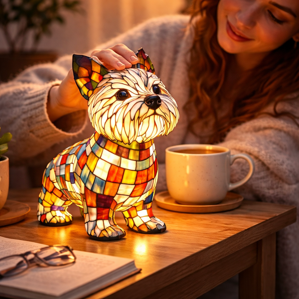 LED Table Lamp Dog Figurine Stained Glass