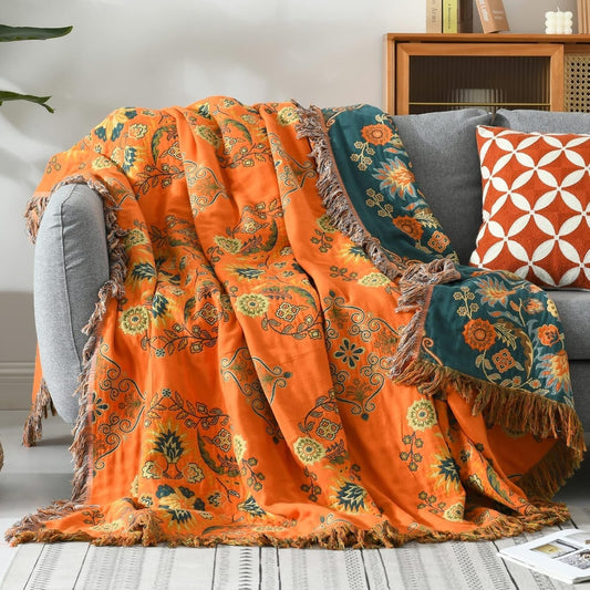 Throw Blanket Reversible Cotton Gauze Floral