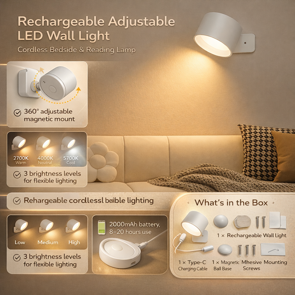 Wall Light Rechargeable LED Adjustable