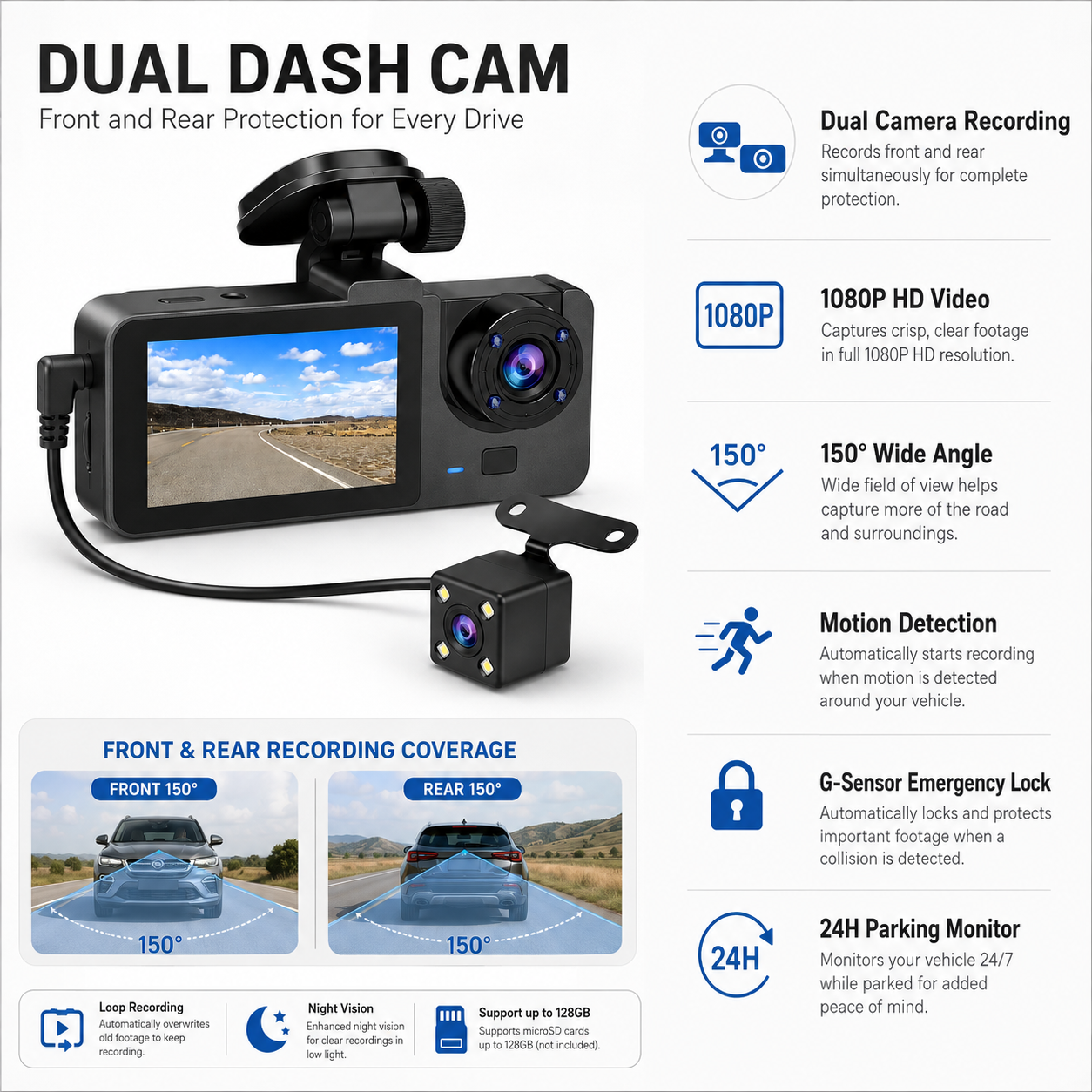 Wide Angle Dash Cam Dual Camera Motion