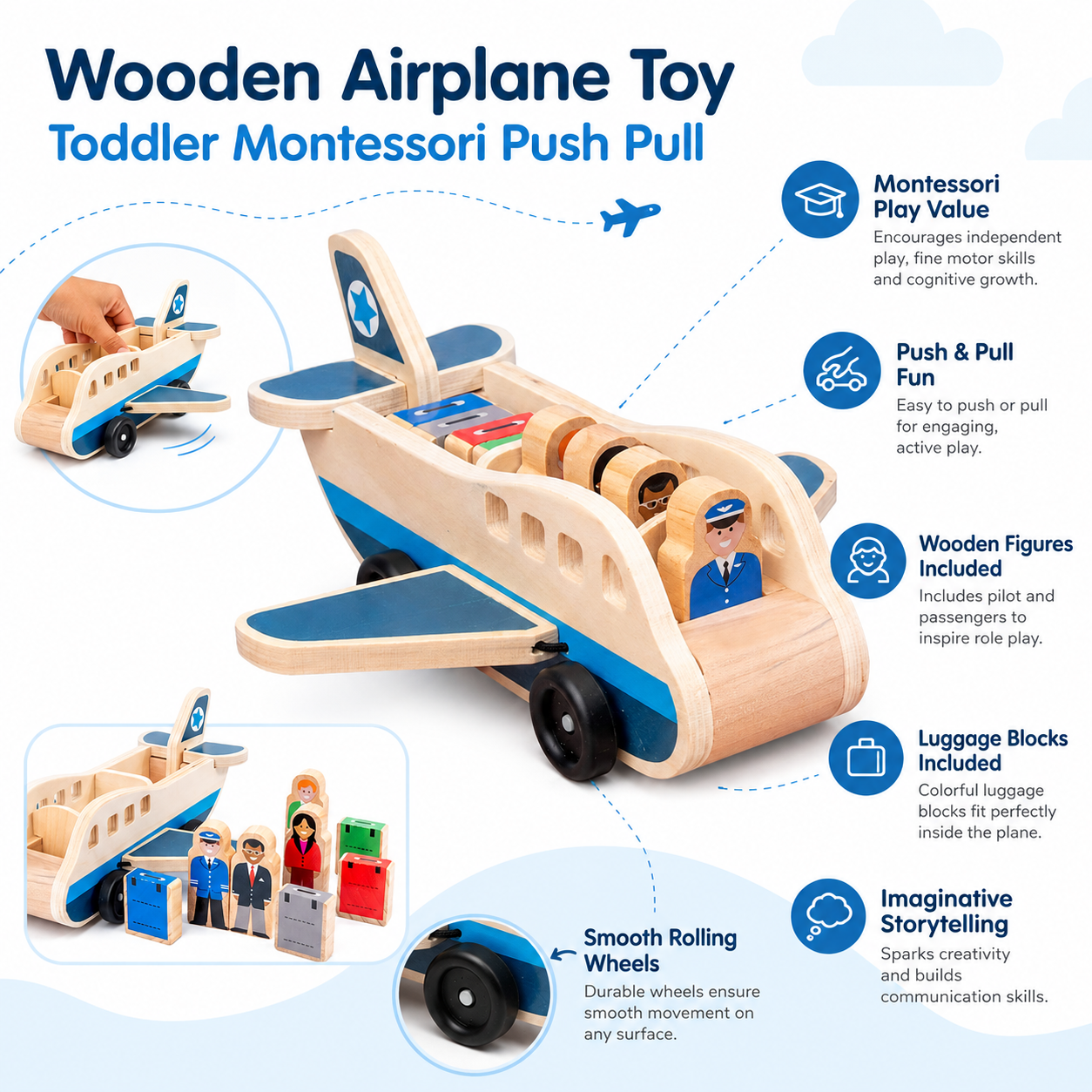 Wooden Airplane Toy Toddler Montessori Push