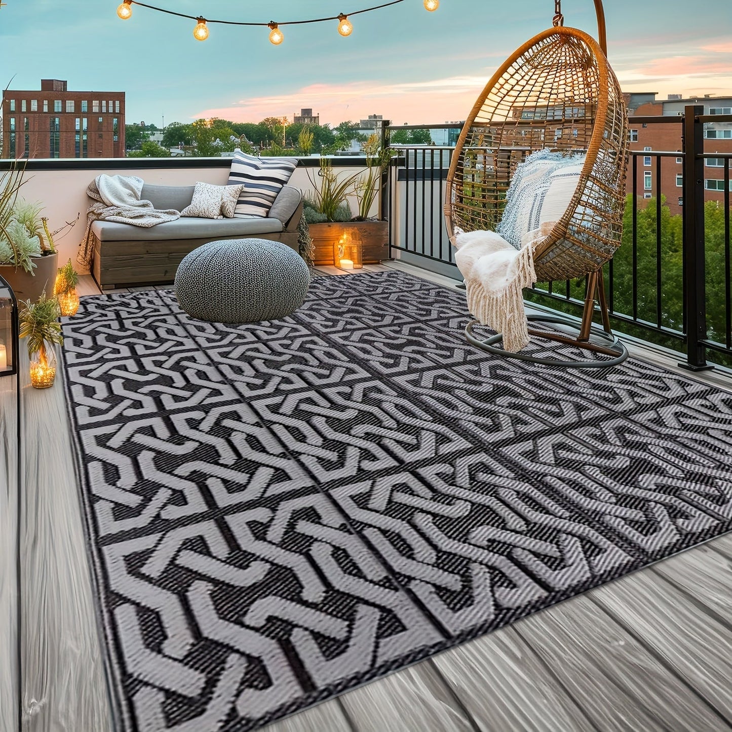 Reversible Outdoor Rug Black & Grey Modern