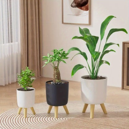 Modern Round Planter With Wooden Legs Indoor
