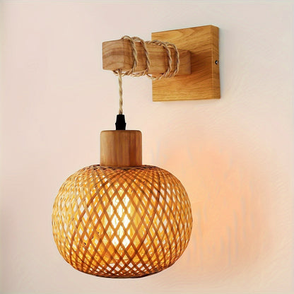 Rustic Wooden Wall Sconce Handwoven Rattan &