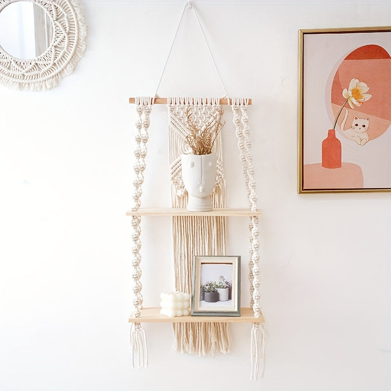 Boho Macrame Wall Shelf 2 Tier Hanging