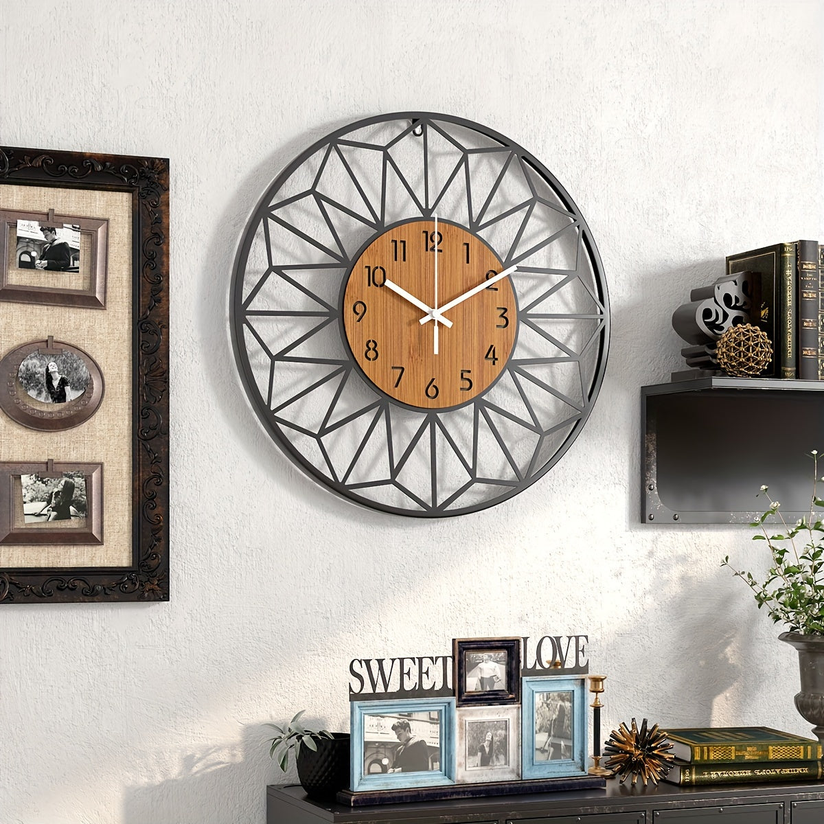 Modern Metal Wall Clock Wood Grain Centre