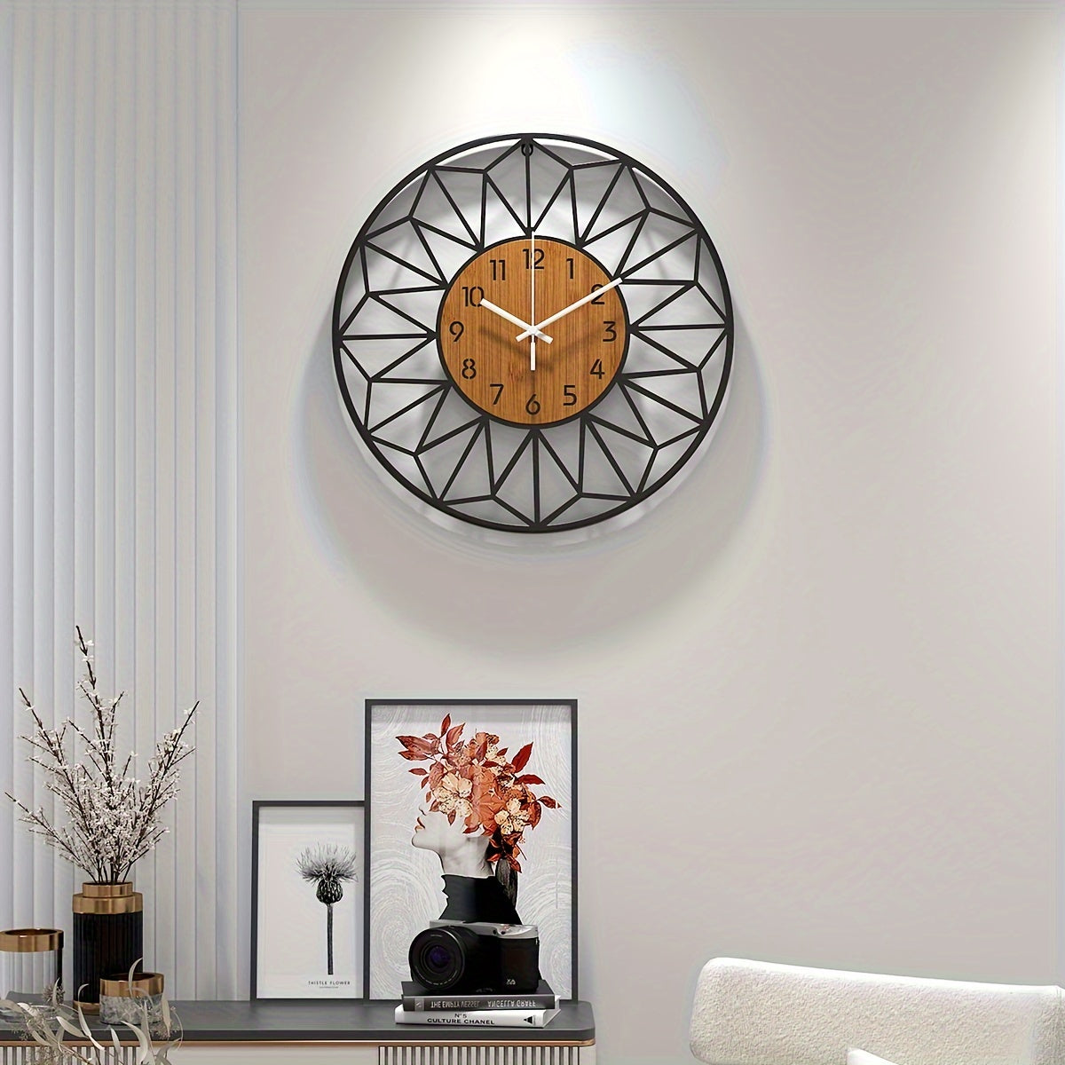 Modern Metal Wall Clock Wood Grain Centre