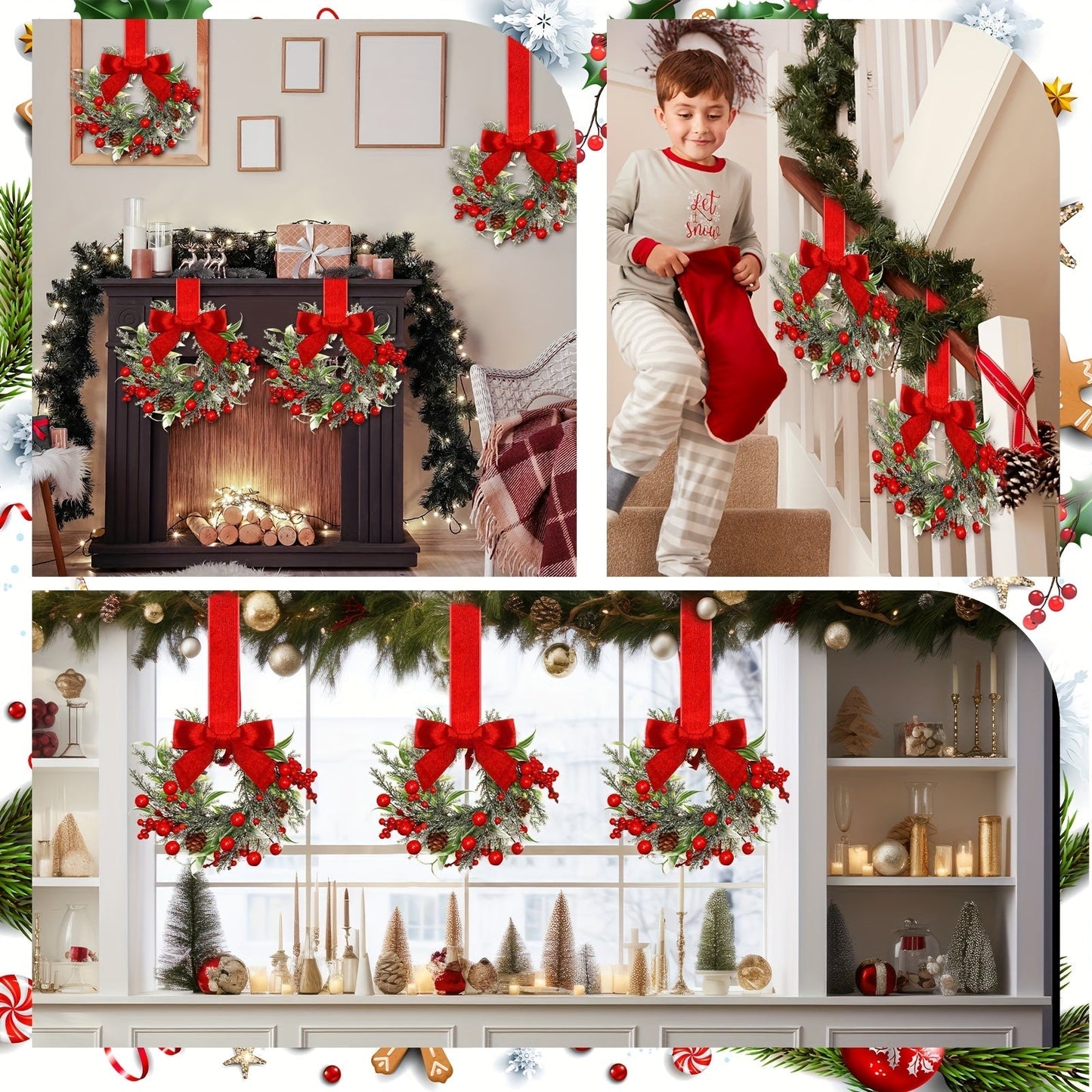 Christmas Wreath Hanging Red Bow Pinecone