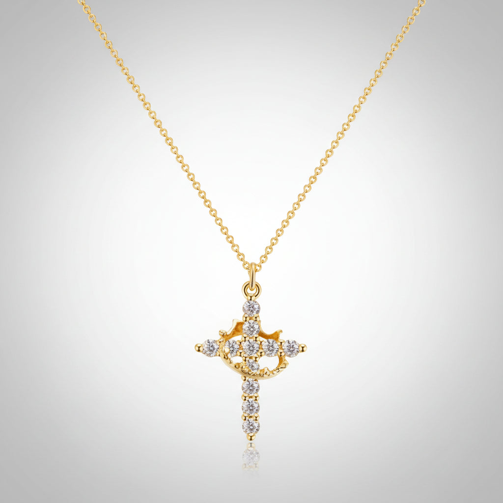 Cross Necklace Crown Pendant Gold Silver