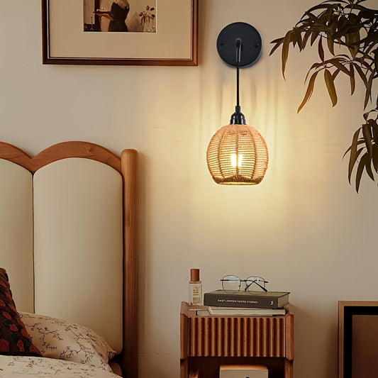 Boho Rattan Wall Lamp Handwoven Bedside &