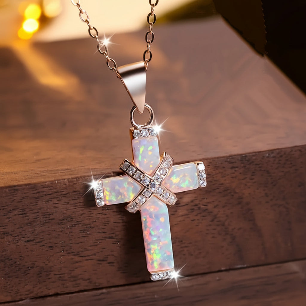 Necklace Cross Pendant Rose Gold Rhinestone