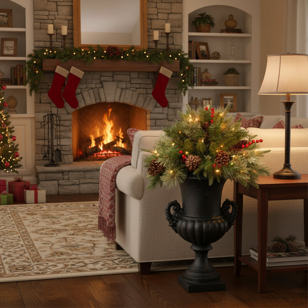 LED Evergreen Urn Filler Festive Holiday