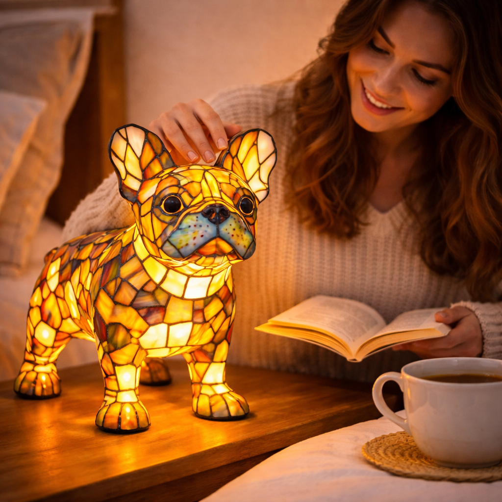 Colorful Dog Table Lamp Stained Glass LED