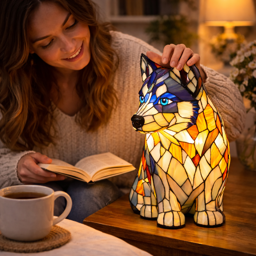 Colorful Dog Table Lamp Stained Glass LED
